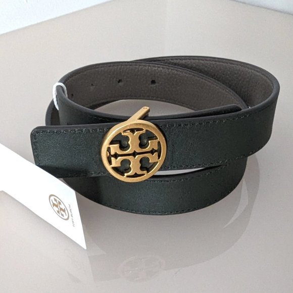 Tory Burch Reversible 1" Logo Buckle Belt Gray Heron Poblano Gold Green - Picture 4 of 7